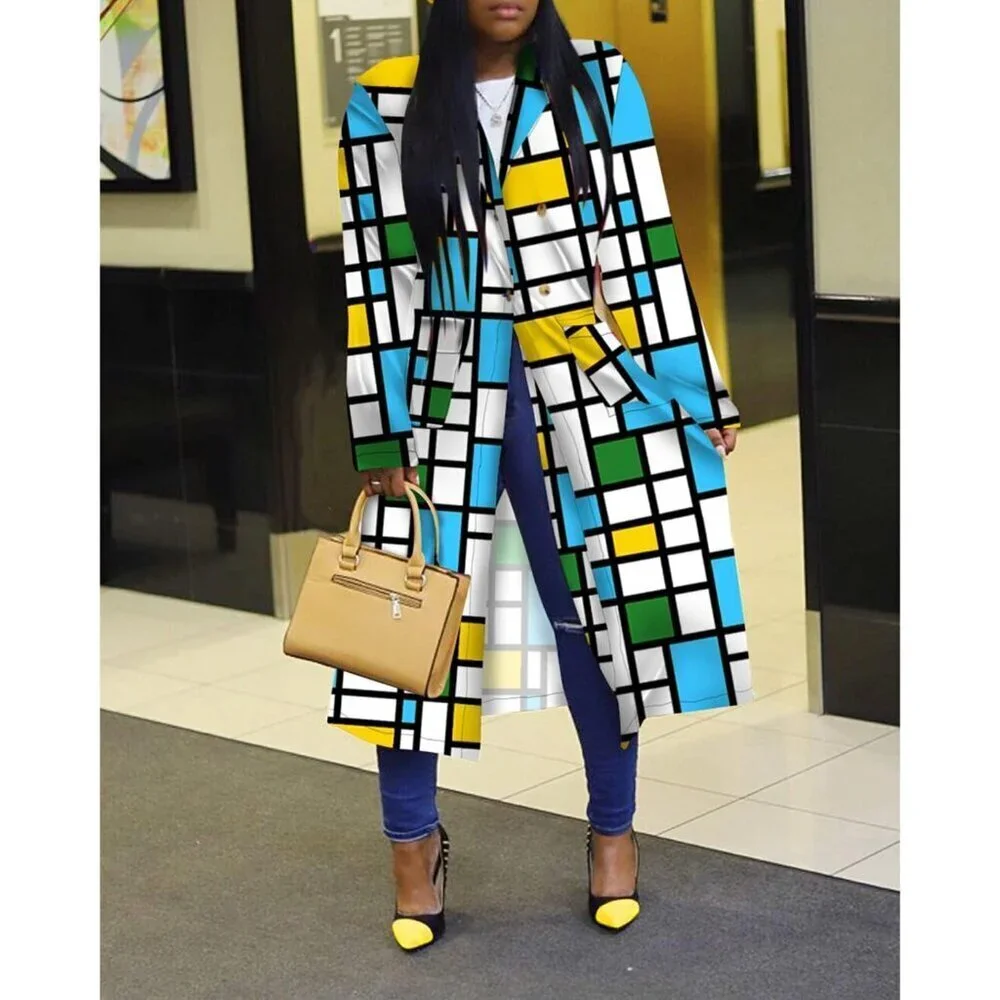 Women's Blue  Turn Down Collar  Colorful Outerwear Cardigan  Trench Coat - Picture 2 of 3